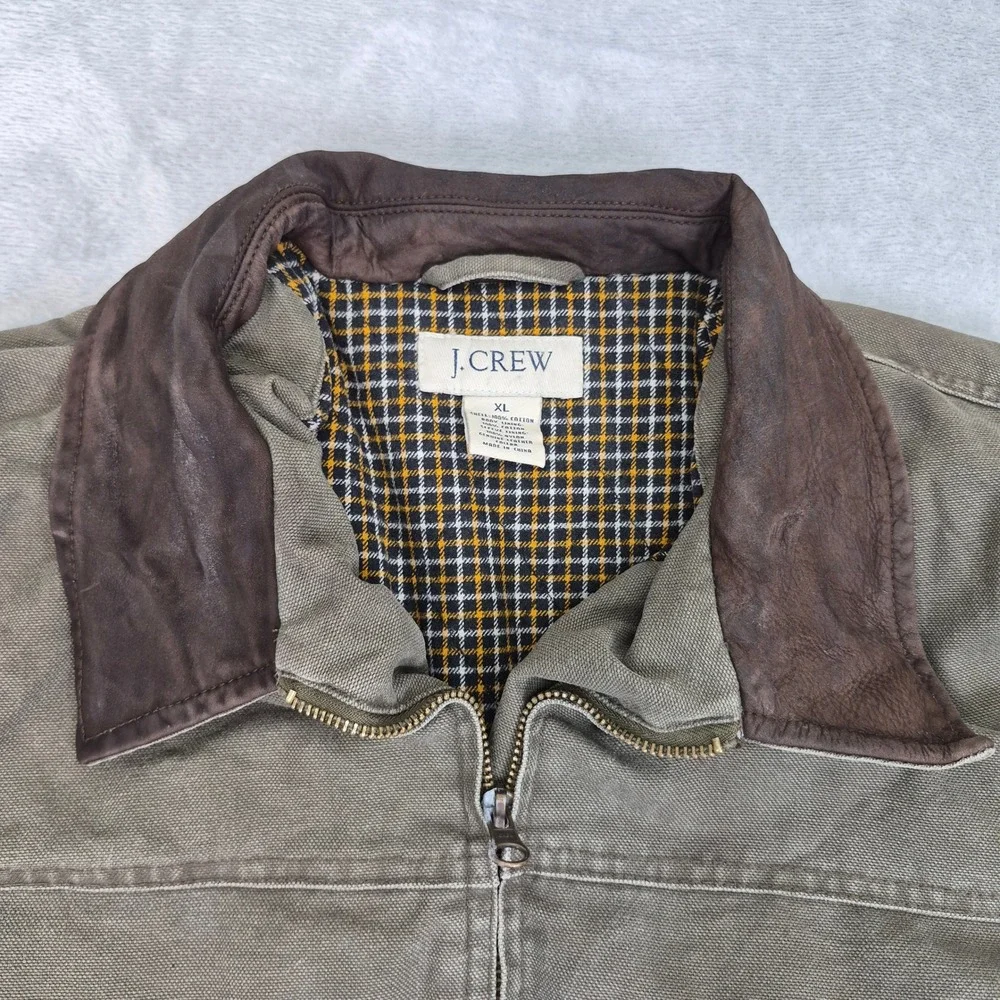 J Crew Mens Barn Jacket XL Olive Drab Canvas Leather Collar Plaid Field Coat